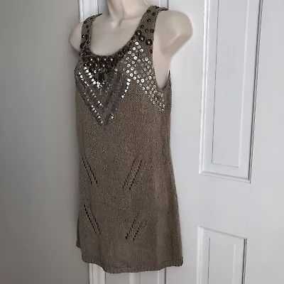 Vertigo Paris Sweater Size L Open Knit Beaded Embellished Tunic Style Beige Tank • $10.50