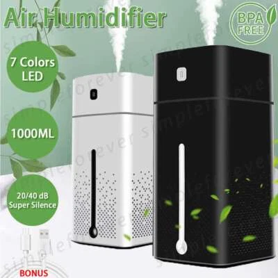 $14.99 • Buy 1L Air Humidifier Ultrasonic USB Mist Steam Aroma Diffuser Purifier LED Lights