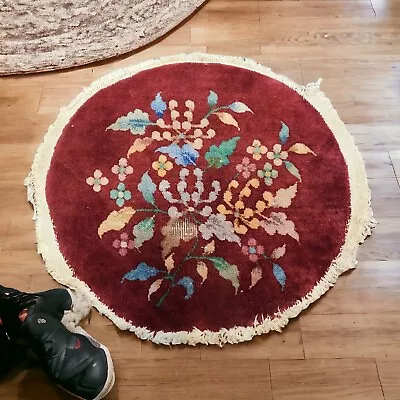 Antique Vtg Rug Round Oval Throw Wool Hand Knotted Deco Floral Small 23  X 26  • $189.99