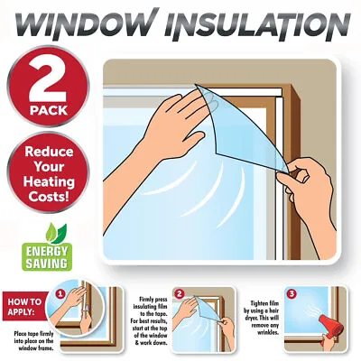 £6.99 • Buy 2pc Window Insulation Kit Shrink Fit Double Glazing Film Draught Excluder Heat
