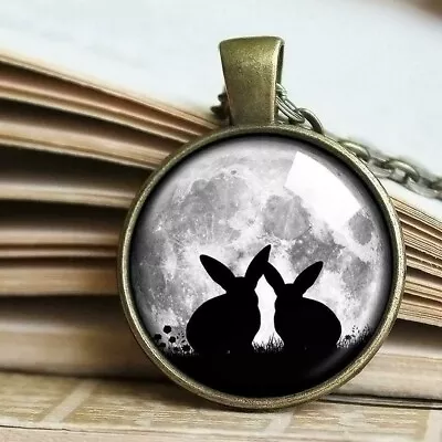 Bunnies And Moon Necklace Full Moon Pendant Bunny Necklace Rabbit Bunnies Gift • $14.39