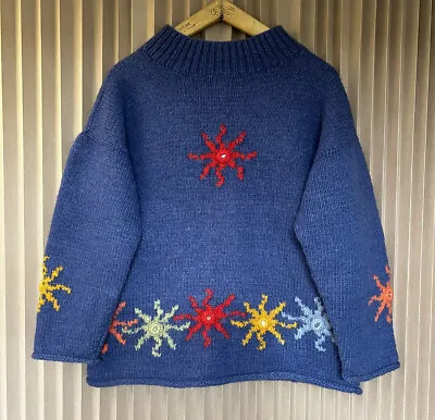 £100 • Buy Vintage Pachamama Blue Bright Sun Star Cardigan Sweater Wool Hand Knit M/L