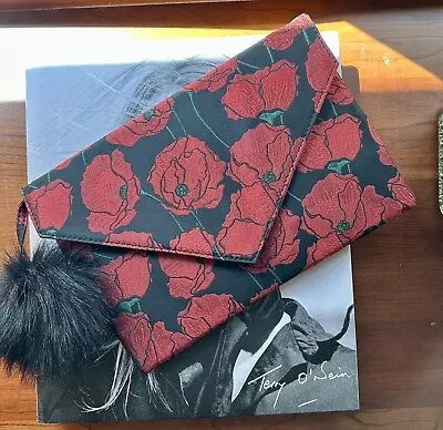 Anthropologie MONSERAT DE LUCCA Floral Poppy Envelope Clutch Fur Pom Pom • $64