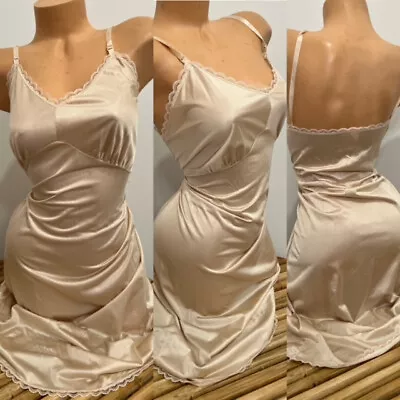 VINTAGE SLIP DRESS LINGERIE SILKY BEIGE MONOCHROME FULL FIGURE USA Sz 44 • $5.50