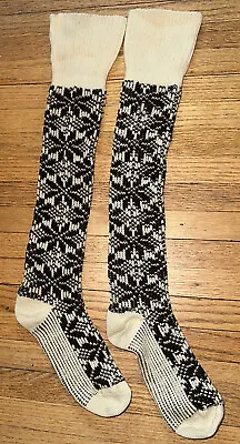 Nordic Wool Knee High Hi Socks Falling Snowflake Vtg Stocking Xmas Brown Beige • $49.99