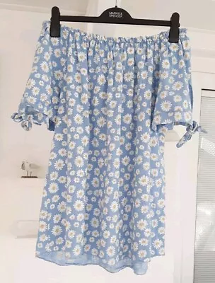 Bnwt Lv Clothing Blue Daisy Print Off Shoulder Bardot Cotton Mix Top Free Size • £2