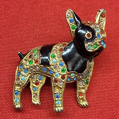 VTG French Bull Dog Brooch Pin Black Enamel Multicolored Rhinestones • $12.95