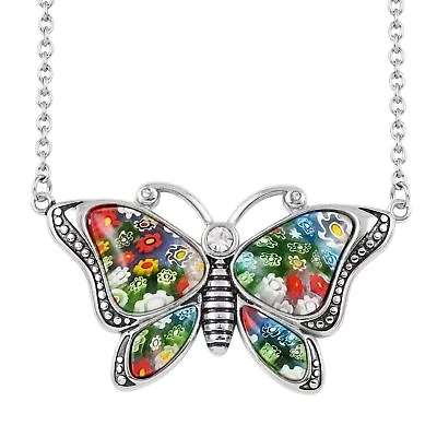 Butterfly Flower Pendant Necklace Murano Style Millefiori Glass Crystal 20  Gift • $17.39