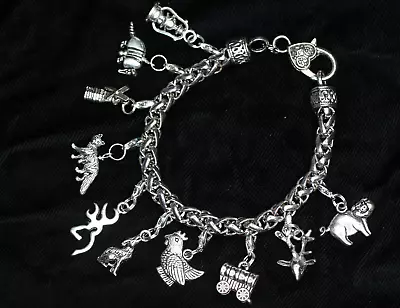 Country Western Charm Bracelet Silver Pewter Charms 8  Chicken Pig Wagon Lantern • $15.99