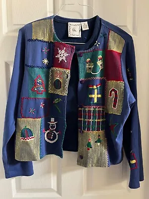 2 Pc Michael Simon Blue Christmas Holiday Top & Jacket Cotton Womens XL • $15.99