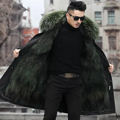 Mens Winter Real Raccoon Fur Lined Collar Hooded Parka Mid Long Coat Overcoat XL • $246.99