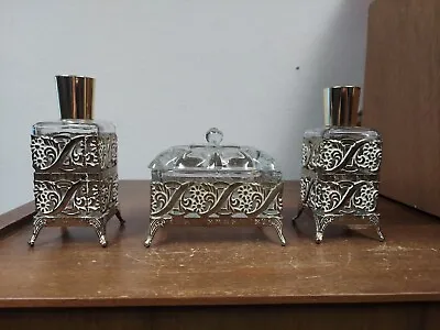 Vtg Hollywood Regency Vanity Set Gold Metal Filigree Trinket Box & 2 Bottles GUC • $25