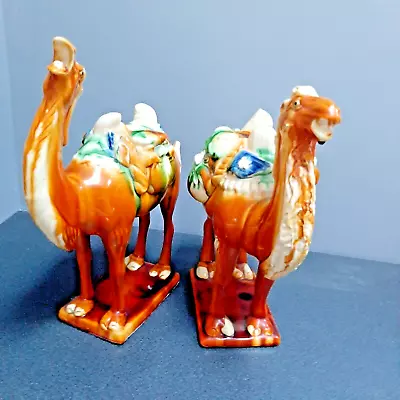 Majolica Tang Style Dynasty Ceramic Pair Drip Glazed Camels With Stamp 33cm App. • £110