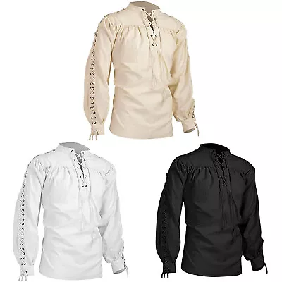 Mens Medieval Lace Up Shirt Steampunk Renaissance Long Sleeve Shirts Costume • $30.85