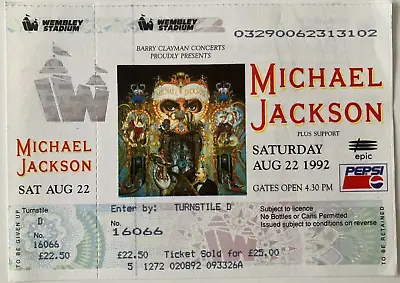 Excellent Condition Unused Michael Jackson Entry - Wembley Stadium 22/08/92 • £75