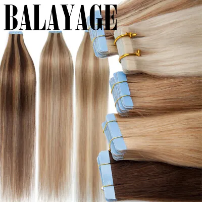 £23.28 • Buy FULL HEAD Tape In Remy Skin Weft Russian 100% Human Hair Extensions Thick Long
