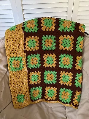 Handmade Crochet Afghan Granny Square Blanket Throw 66x44 Brown & Green • $35