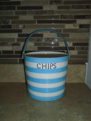 Vtg Kitchen King Chips Snack Pail Canister White & Blue Stripe Bail Handle Japan • $17.99