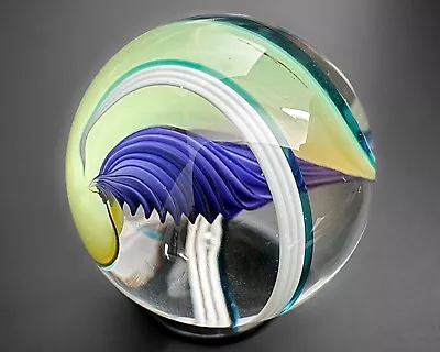 Steven Maslach Cuneo Furnace 1.3  Purple Yellow Ribbon Art Glass Marble • $150