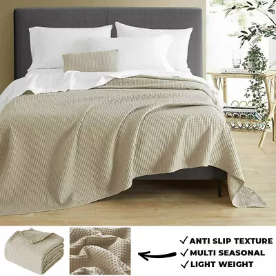 100% Cotton Luxury Waffle Weave Bed Throws And Bedspread For Sofa Cover & Travel • £22.74