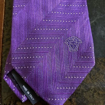 EUC Gianni Versace 100% Silk Purple Striped Tie Made In Italy Medusa Head • $24.99