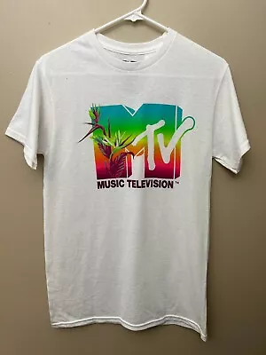 MTV Music Television Licensed T Shirt Mens Small White Tie Tropical Logo Tee NEW • $6.97