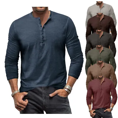 Distressed Men's Henley Shirt Retro Long Sleeve T-shirt Button Wash V-neck Tops • $14.85