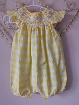 £8.99 • Buy John Lewis Heirloom Yellow Check Smocked Romper Age 3-6 Months