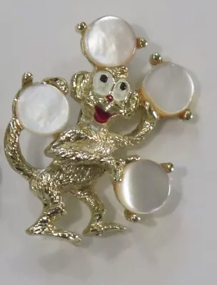 Vintage Monkey Juggling MOP Mother Of Pearl Gold Tone Pin Brooch Circus Animal  • $10.88