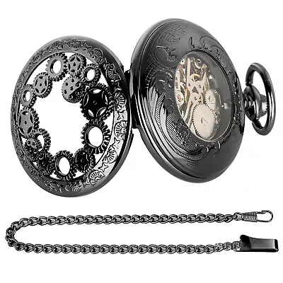 Mens Luxury Skeleton Mechanical Pocket Watch Hollow Half Hunter With Chain • £26.99