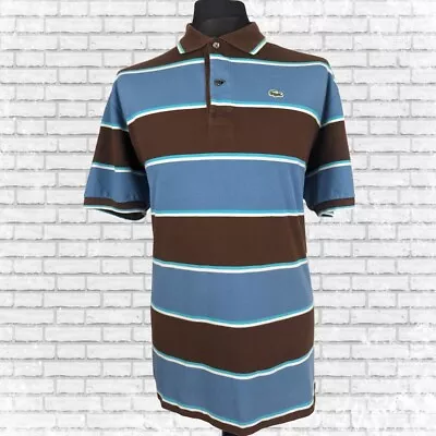 Lacoste Men's Blue & Brown Stripe Short Sleeve Pique Cotton Polo Shirt 2XL • £15