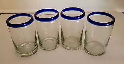 Authentic Mexican Hand Blown Cobalt Blue Rim Water Ice Tea Rocks Glasses 16oz  • $30