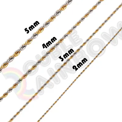 Women Men Stainless Steel 2mm-5mm Rope Necklace Chain Gold/Silver Plated Link • $9.23