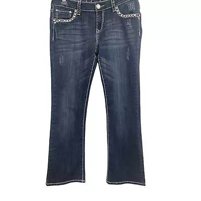 LA IDOL USA 11/33 Jeans Crystal Embellished Bootcut Thick Stitch Flap Pocket • $29.89