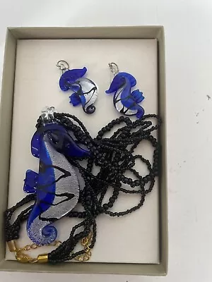 NIB Lifestyle Studios Glass Seahorse Ecklace  &  Dangle Earrings Blue  DF62 • $20