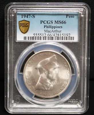 1947 S Philippines Gen. MacArthur Peso PCGS MS66 • $450