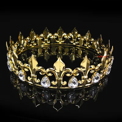 Men's Imperial Medieval Fleur De Lis Gold King Metal Crown 4.5cm Tall 56.5cm Cir • $26.49