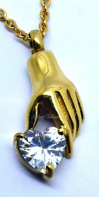 CREMATION URN KEEPSAKE NECKLACE 24k GOLD PLATED HEART IN HAND PENDANT CHARM CZ • £29.99