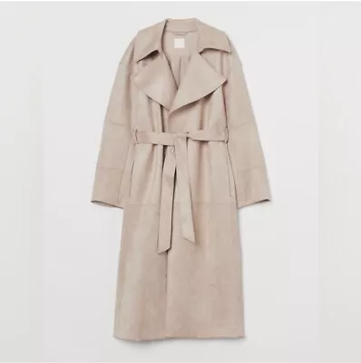 H&M Women’s Faux Suede Belted Trench Coat Size 2 Pastel Cream Pink Side Pockets • $49.99