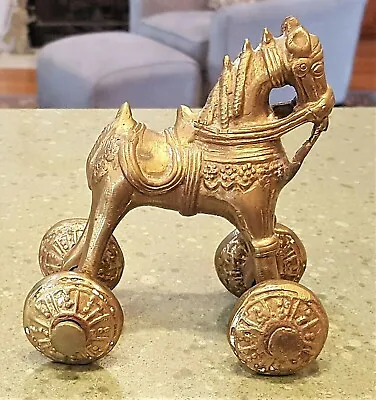 5  Solid Brass INDIA TEMPLE TOY Rolling HORSE On WHEELS Trojan Detailed Pull Vtg • $55