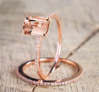 14K Rose Gold Finish Emerald Cut Lab-Created Morganite Women's Bridal Ring Set • $99.39