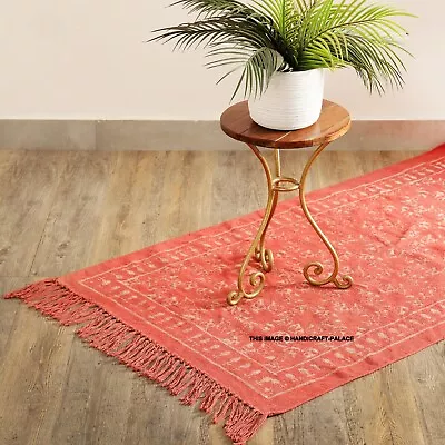 Hand Block Print Cotton Dhurrie Area Rugs Kilim Throw Rug Pink Leaf Floor Carpet • $71.49