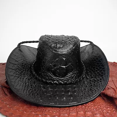 Mens Black Crocodile Alligator Leather Bucket Hat Outback Cap Western Cowboy Cap • $484.11