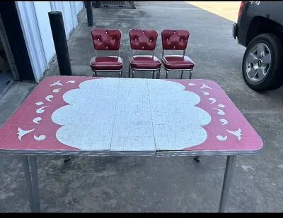 $450 • Buy Vintage 1950’s  MCM Red Formica Kitchen Table With Leaf  And 3 Chairs