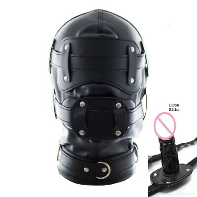 Full Head Bondage Hood Leather Look Including Silicone Gag Eye Mask Padlocks Inc • $30