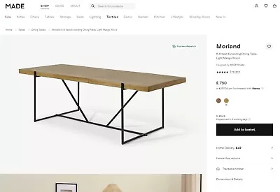 Made.com Morland 6-8 Seat Extending Dining Table Light Mango Wood • £550