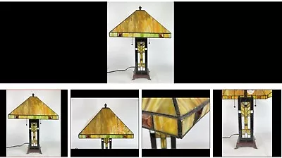 Vintage Mission Style Stain Glass Table Lamp W/ Integrated Accent  Base Lighting • $235