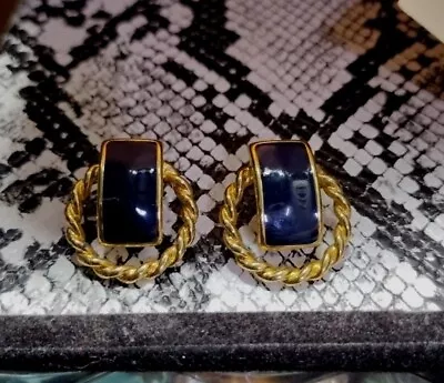 Vintage Monet Earrings Gold Tone & Blue Enamel  • $8