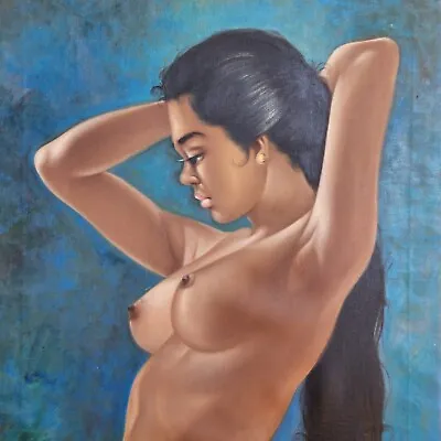 Large Oil Painting Retro Female Woman Nude.  Beach Coastal Tiki Style Decor. • $250