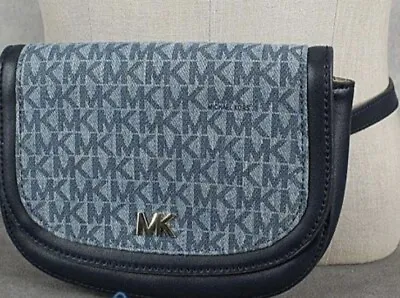 New Michael Kors Belt  Bag Waist Denim Blue Logo Leather Flap Snap S/M • $64.99